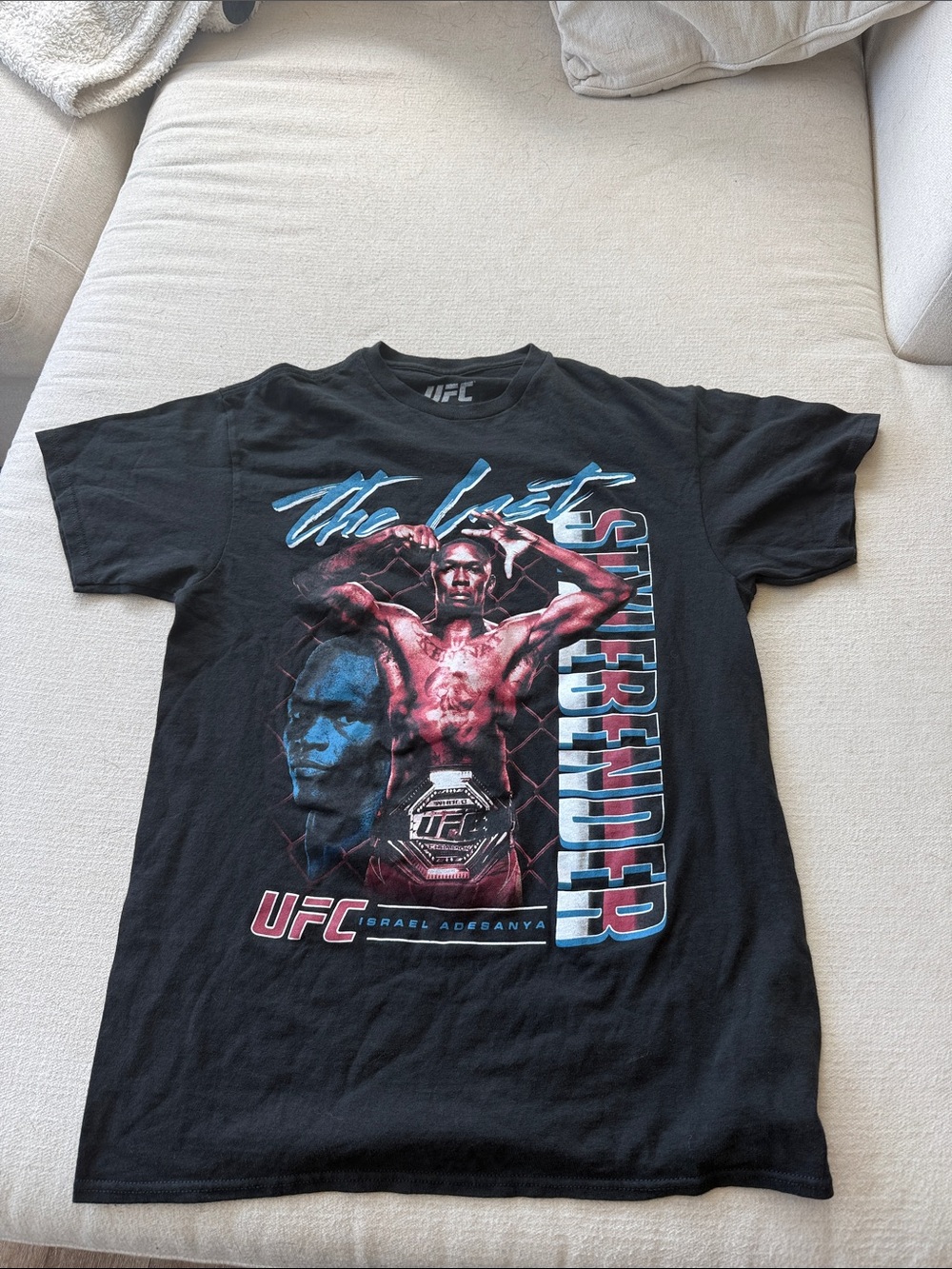 UFC Black Graphic Israel Adesanya Tee with Blue and Red Print